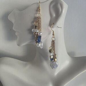 Hand Crafted Gold Chain Drop Earrings with Blue and Pearl Accents